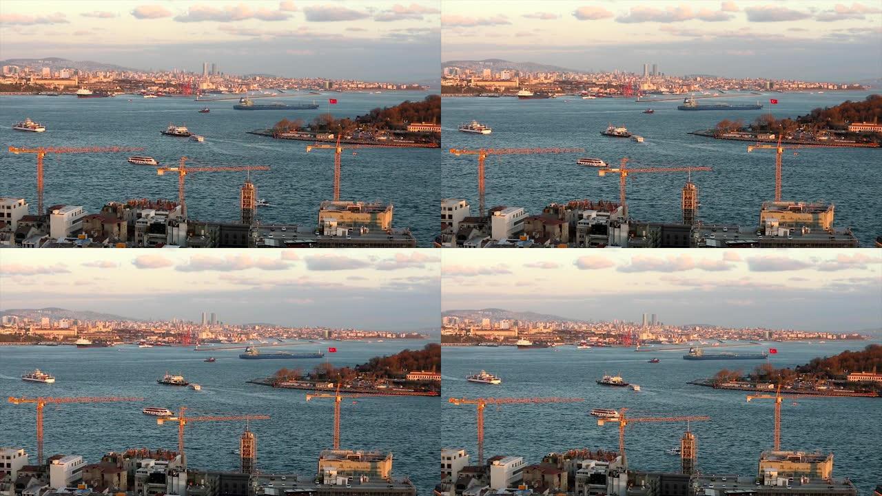 土耳其伊斯坦布尔博斯普鲁斯海峡沿岸的建筑起重机