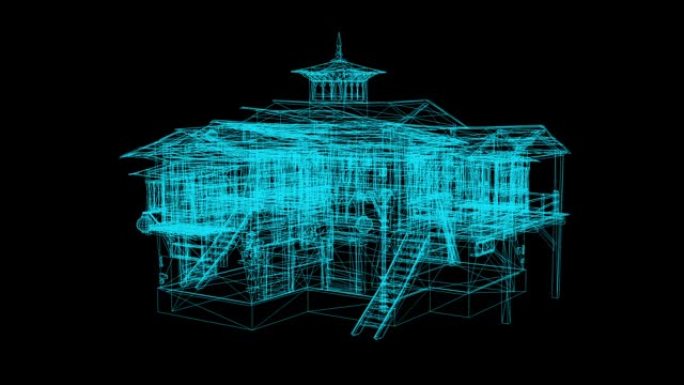 黑色背景上中世纪房屋的线框模型-3D渲染。