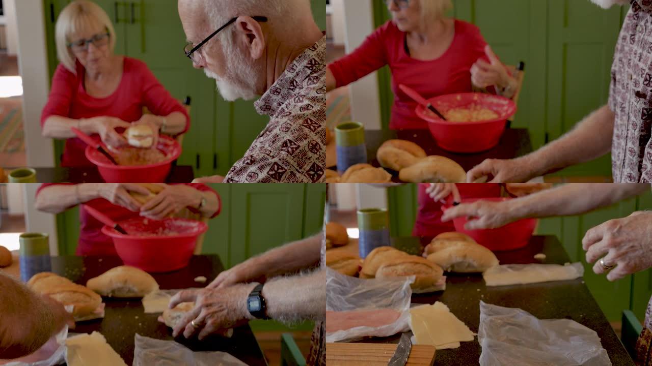 三名退休活跃的老人一起志愿为饥饿的人提供食物