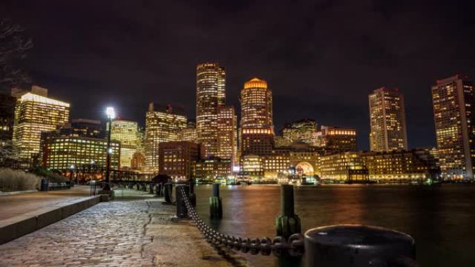 延时波士顿港市中心天际线日落，缩小