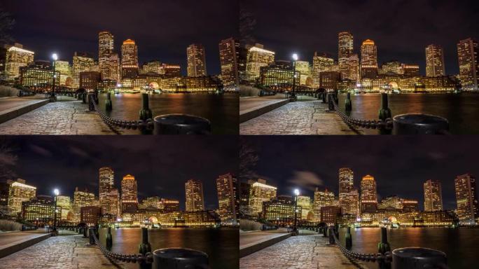 延时波士顿港市中心天际线日落，缩小