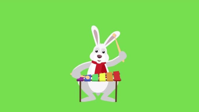 卡通小圣诞兔子平面角色播放木琴动画包括哑光