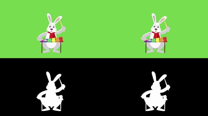 卡通小圣诞兔子平面角色播放木琴动画包括哑光