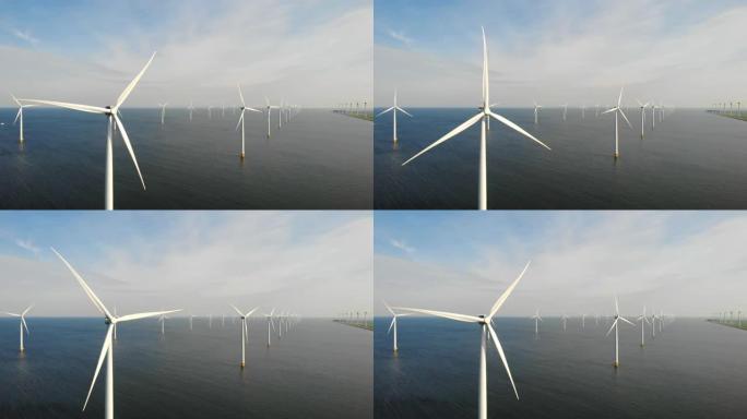 从鸟瞰图看风力涡轮机，在windpark westermejk的无人机视图IJsselmeer湖的风