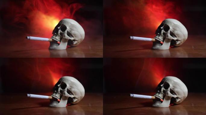 禁止吸烟的概念。创意艺术品桌子装饰与香烟。香烟导致癌症和死亡。静物骷髅和香烟。有选择性的重点