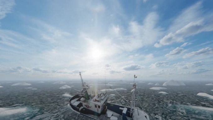 渔船被困在北极冰中，相机飞过，4K