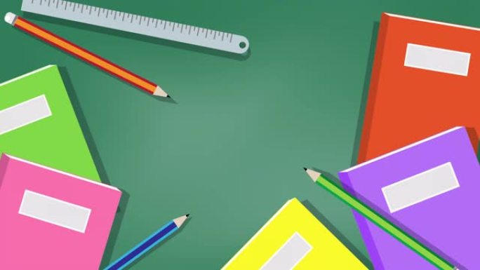 回到学校概念背景的书籍或笔记本，尺子和铅笔在绿色的黑板背景与你的复印空间。