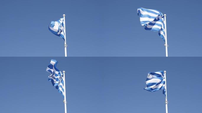慢动作国家希腊符号旗杆上的丝滑织物