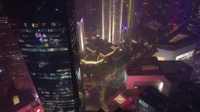 暮光之城夜景照明南京市市中心交通街空中俯拍全景4k中国