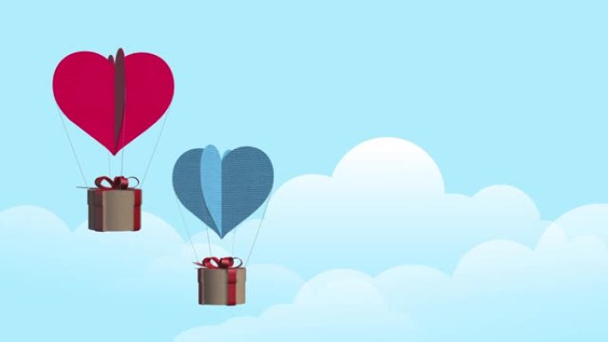 红色和蓝色的纸纹理气球，带有爱心和礼品盒在天空概念动画象征情人节，4k股票视频