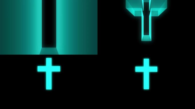 基督教十字变焦vdo蓝色霓虹灯发光80年代复古风格动画
