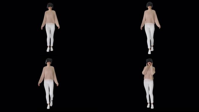 女人使用VR虚拟现实耳机行走，阿尔法通道