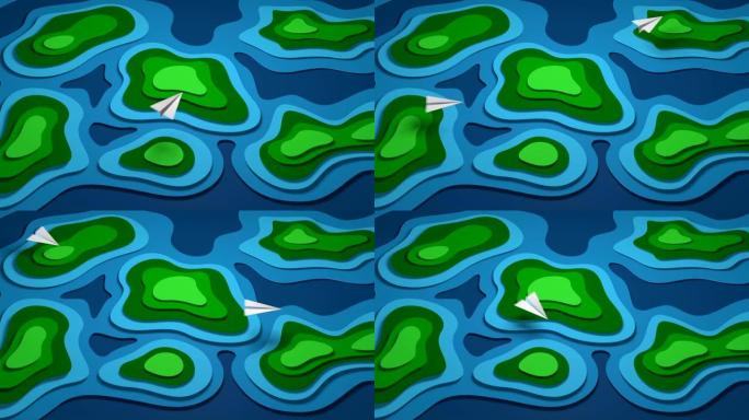 卡通纸地图。海中的岛屿。4k动画。
