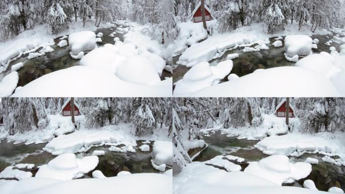 雪鞋步道景观雪域太平洋西北河和红色小屋