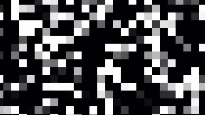 计算机生成的抽象技术背景，带有白色和黑色正方形块的马赛克。3D渲染大像素