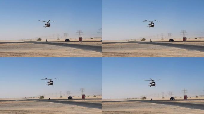 沙漠中的警用直升机。警察训练及救援行动概念。