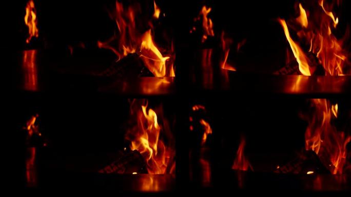 火坑里烧木头的火炉特写，4k