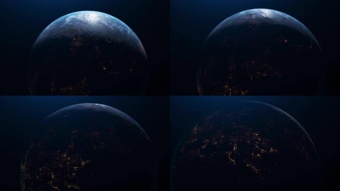 地球自转和昼夜过渡的动画。动画。地球的美丽自转，昼夜过渡到恒星的背景
