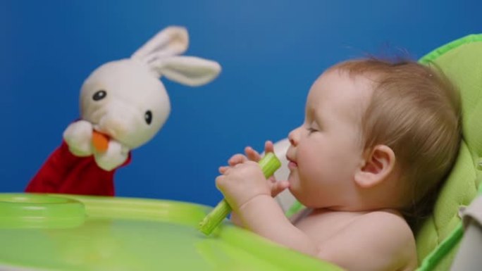 小女孩吃绿色新鲜芹菜和玩兔子娃娃