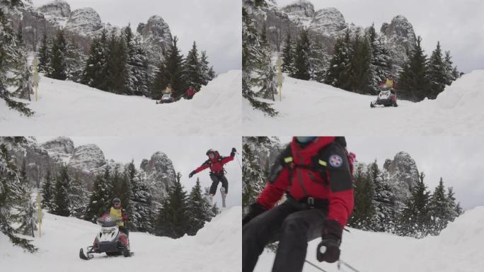 在雪地摩托的帮助下，滑雪者的跳跃。股票视频