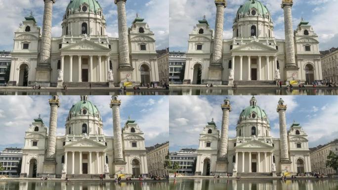 正视图: 圣查尔斯教堂 (Karlskirche)，位于维也纳市中心的18世纪巴洛克式教堂。