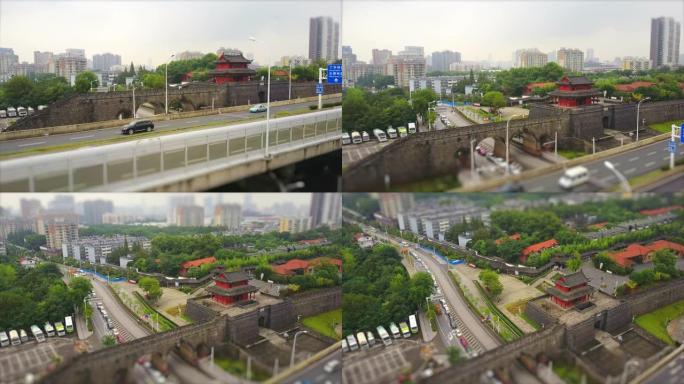武汉市奇义门寺交通路口白天时间空中全景4k倾斜移位中国