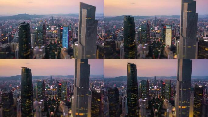 日落时间广州新城市中心广场空中倾斜移动全景4k延时中国