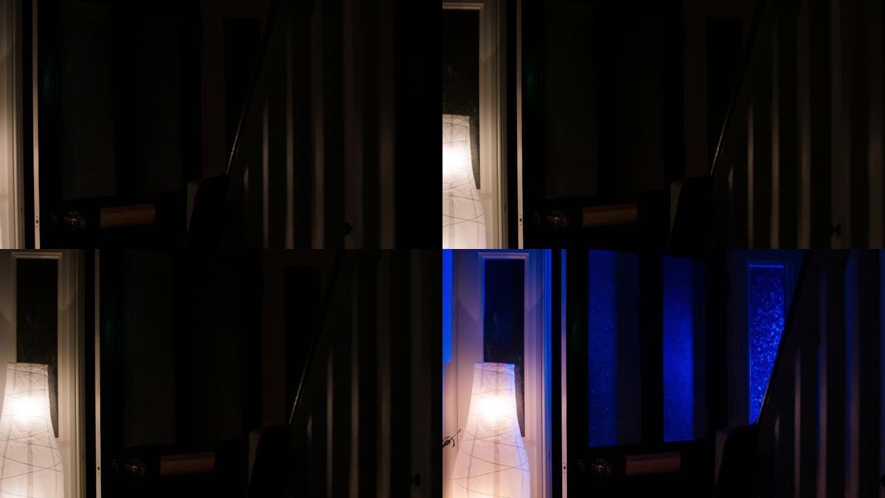 犯罪现场-入室盗窃-从前门看到蓝色警察闪光灯