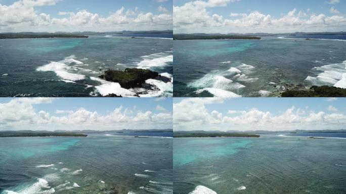 岩石岛的鸟瞰图，冲浪者和船只被捕获，Siargao岛
