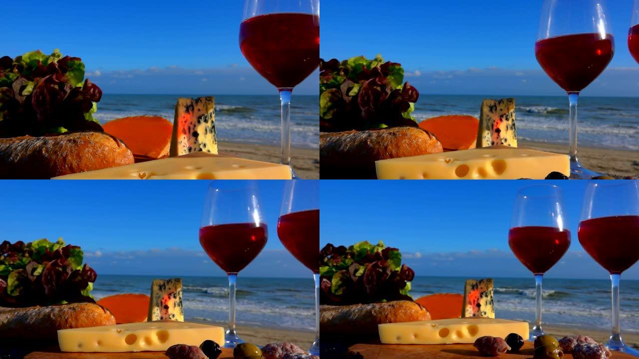 海边浪漫野餐配红酒