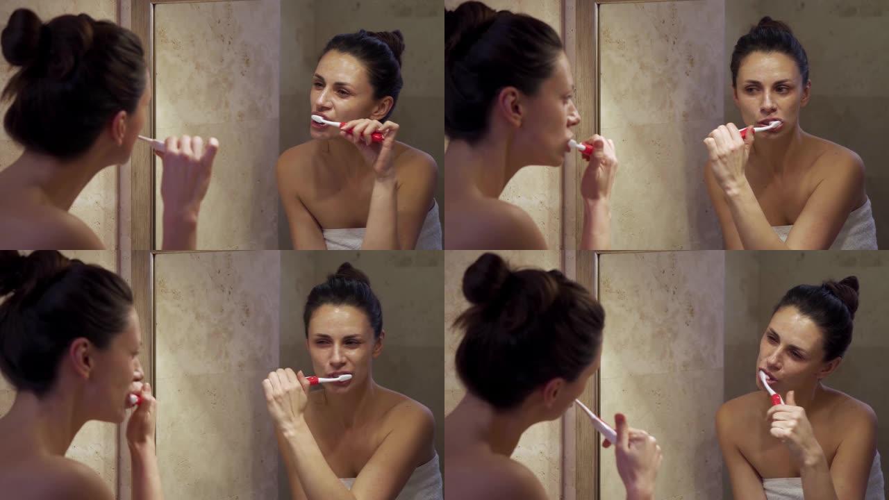 面霜美女在镜子前洗牙
