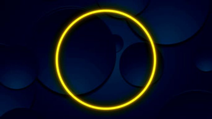 深蓝色几何移动圆圈和黄色霓虹灯环
