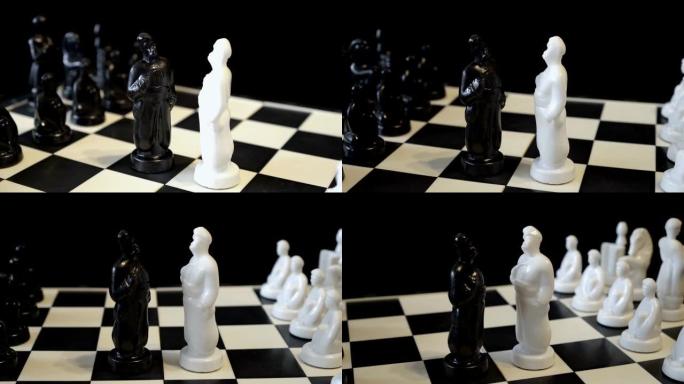 两个黑白棋王在旋转的黑白棋盘上面对面。斯拉夫男子-哥萨克形式的棋子。特写。概念。4K