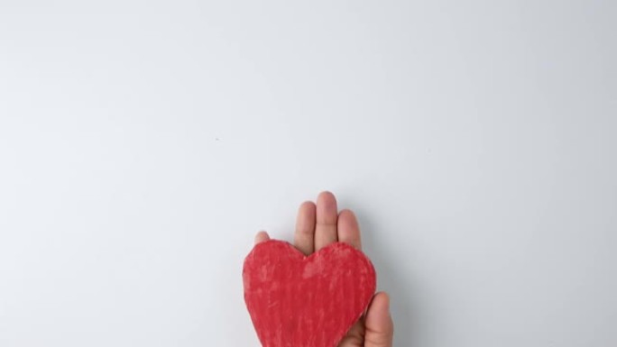 放在手上并伸出的红色心形纸板，孤立在白色背景上。爱情和情人节的概念。