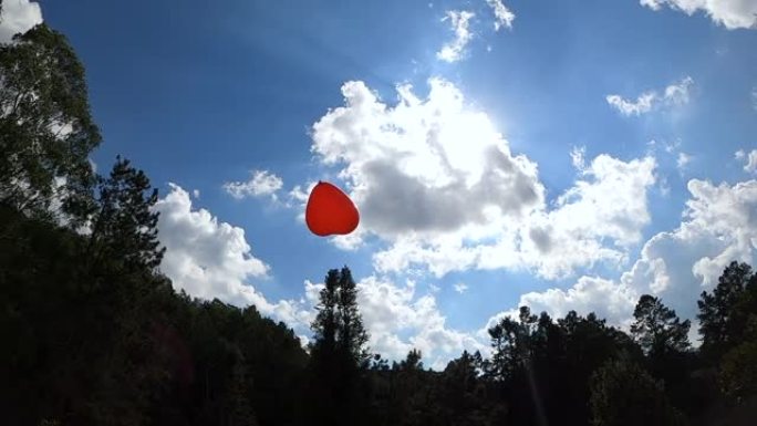 心形红气球，飘向春天花园的天空。情人节的爱情象征。爱情概念中的自由。