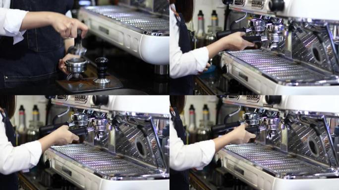 亚洲女性咖啡师微笑并在咖啡店使用咖啡机柜台工作的女性小企业主食品和饮料咖啡馆概念