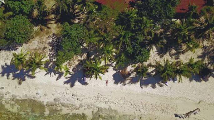 斐济金银岛，岛屿海滩上女孩挥舞着的4k天线躺在椰子和棕榈树周围的沙滩上。水晶般清澈的水和岩石浅水礁石