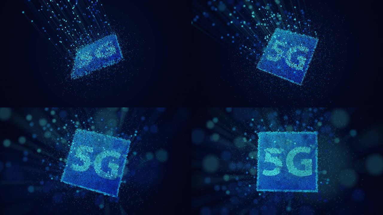 5g符号动画带粒子运动图形web技术背景超高速互联网广播网络和高速移动互联网。技术概念。