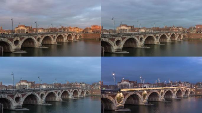 法国图卢兹的Pont Neuf桥 (白天到晚上的时间流逝)