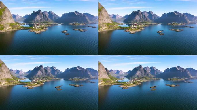 鸟瞰图，飞越大海，并在渔村Reine上欣赏风景。挪威罗弗滕群岛。