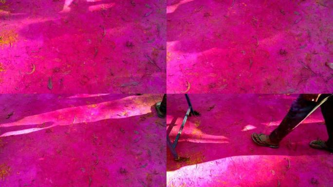 高清视频的背景的丰富多彩的胡里粉末在多种颜色躺在地面上与阴影和人民。