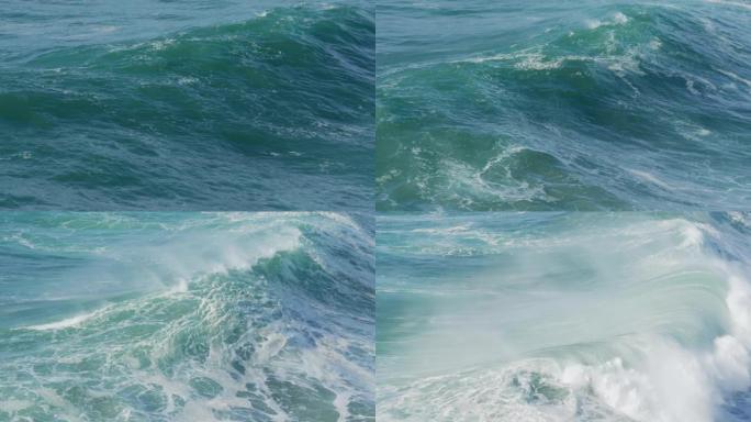 海浪上升到海洋上方，产生白色泡沫并喷水