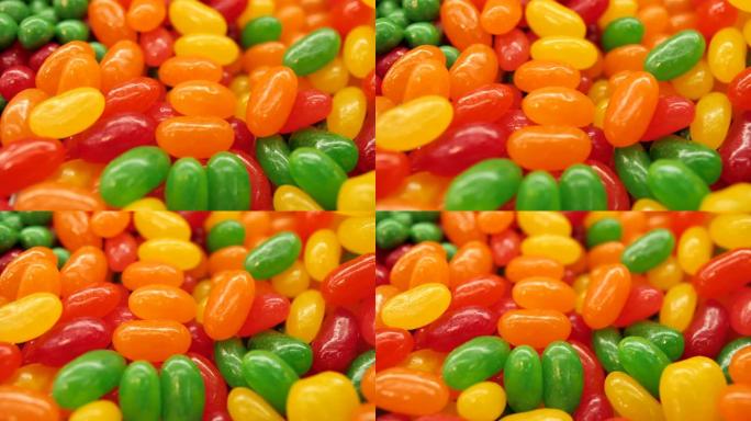 多色糖衣龙衣的超级特写。五彩糖果。彩色复活节糖衣。红色、绿色、黄色和橙色糖果。