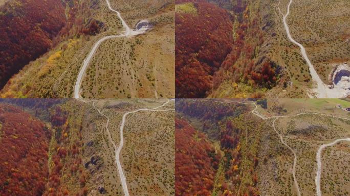 秋天的空中拍摄。无人机的观点，塞尔维亚的山在秋天的颜色。
