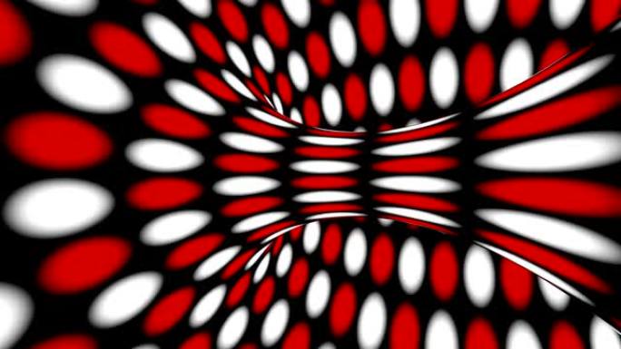 黑色、红色和白色迷幻的视错觉。抽象催眠动画背景。圆点几何循环壁纸