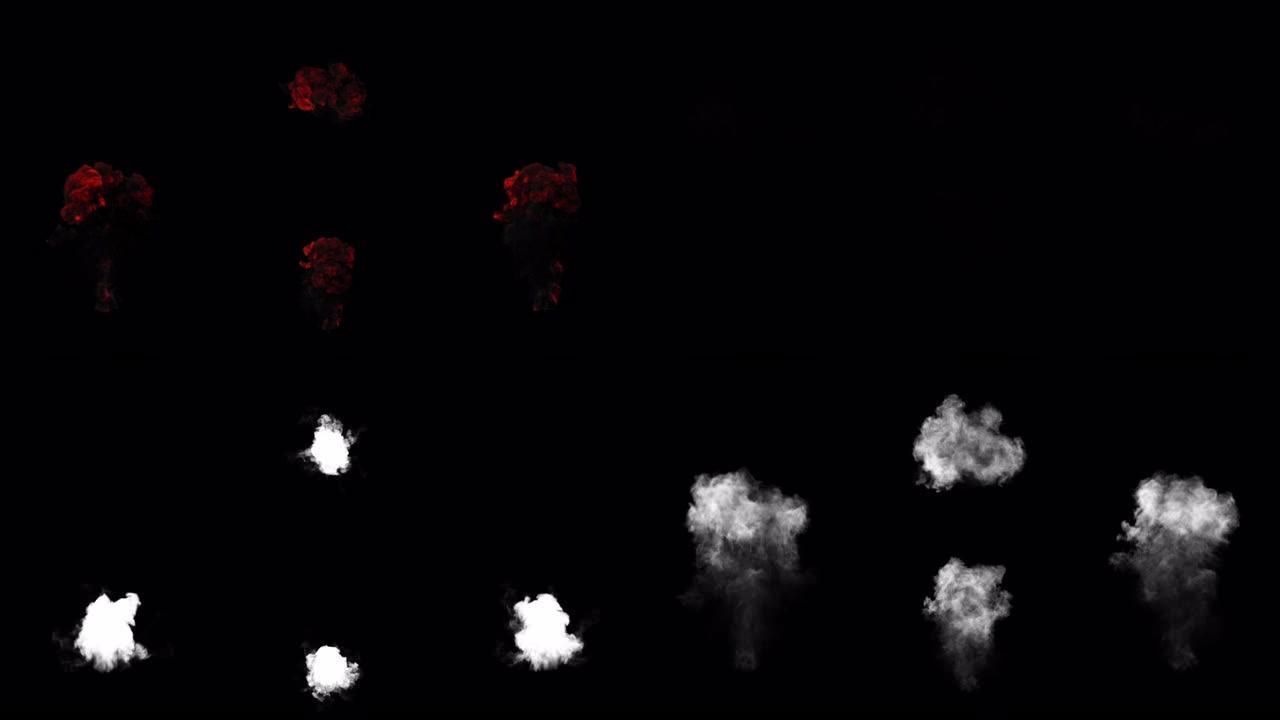 黑色背景上的一组4个孤立的火灾爆炸。3D渲染。