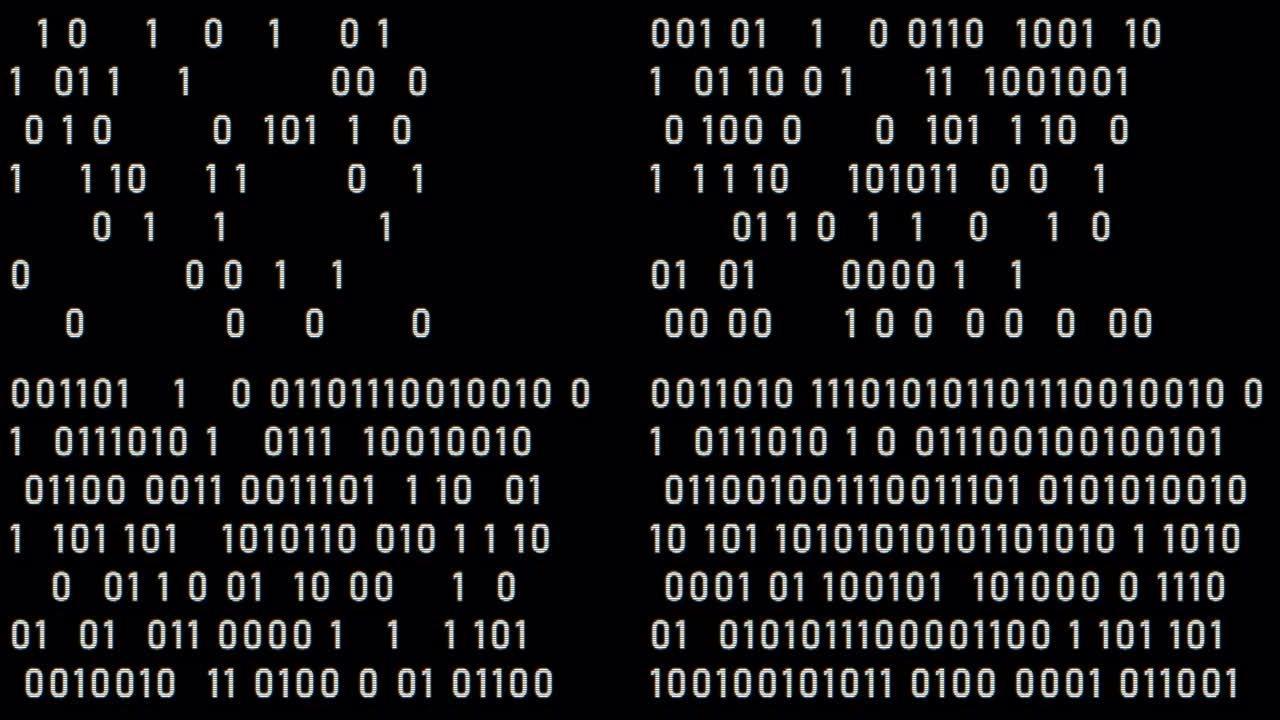 旧显示器上的白色二进制代码快速随机打字。