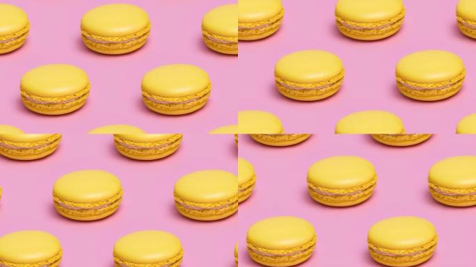 粉红色背景上的黄色马卡龙饼干图案。