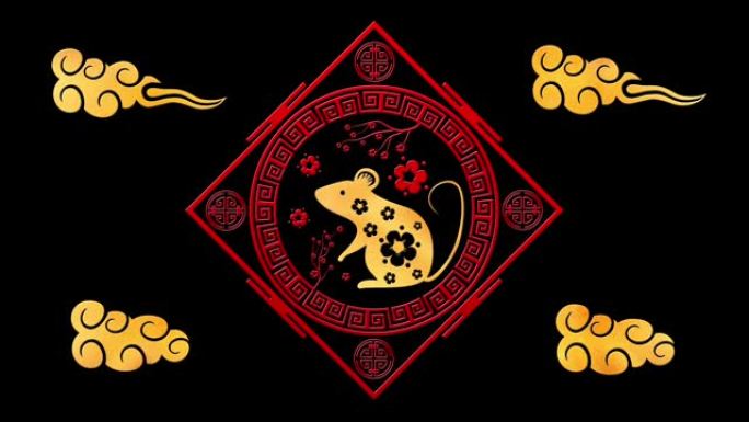 黑色中国新年背景与黄金，老鼠，3D渲染循环4k。神奇的新年快乐动画