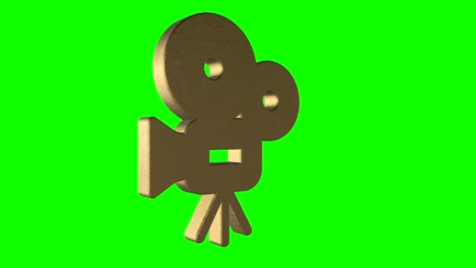 电影摄像机标志在绿色屏幕上旋转。电影符号，技术标志。
